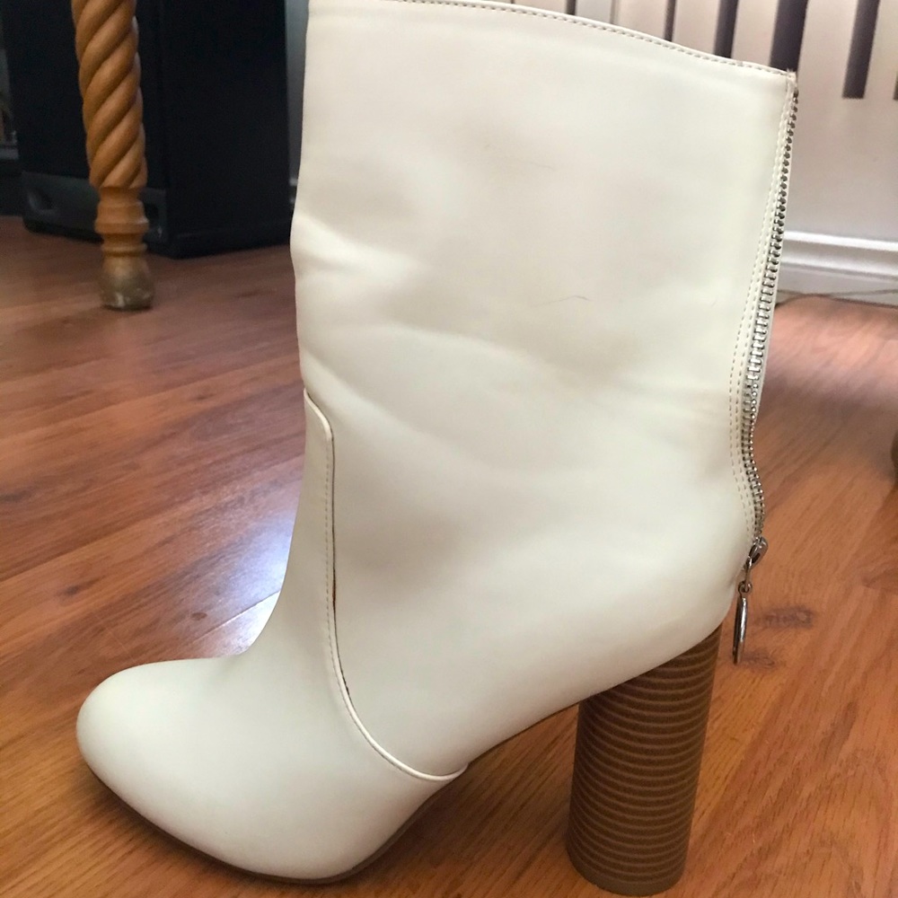 JustFab block high heeled ivory boots